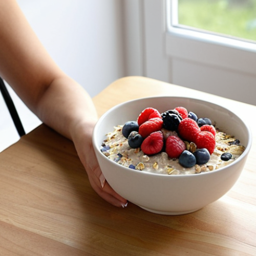 A serene and calming morning scene. A person, with a peaceful and content expression, is seated at a minimalist kitchen table, engaging in mindful eating. Their breakfast consists of a vibrant bowl of overnight oats topped with fresh berries and seeds, alongside a glass of natural yogurt or kefir. Soft, natural light illuminates the scene, highlighting the connection between nutritious food, gut health, and mental clarity, conveying a sense of self-care and a positive start to the day.