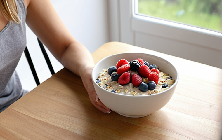 A serene and calming morning scene. A person, with a peaceful and content expression, is seated at a minimalist kitchen table, engaging in mindful eating. Their breakfast consists of a vibrant bowl of overnight oats topped with fresh berries and seeds, alongside a glass of natural yogurt or kefir. Soft, natural light illuminates the scene, highlighting the connection between nutritious food, gut health, and mental clarity, conveying a sense of self-care and a positive start to the day.