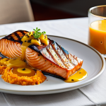 **

"Grilled salmon with passion fruit sauce and sweet potato puree, vibrant colors, close-up shot, natural lighting, comforting atmosphere, table setting with candles, family-friendly, safe for work, appropriate content, fully clothed, professional photography, perfect anatomy, natural proportions."

**