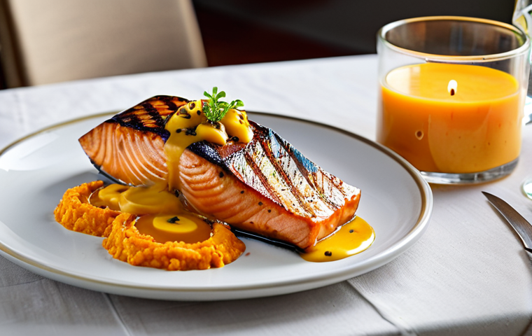 **
"Grilled salmon with passion fruit sauce and sweet potato puree, vibrant colors, close-up shot, natural lighting, comforting atmosphere, table setting with candles, family-friendly, safe for work, appropriate content, fully clothed, professional photography, perfect anatomy, natural proportions."
**