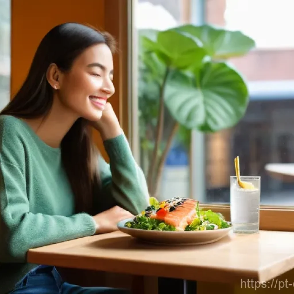 우울증 환자를 위한 외식 시 주의사항 - **Prompt 1: Serene Cafe Dining and Mindful Eating**
"A young adult, perhaps in their early twent...