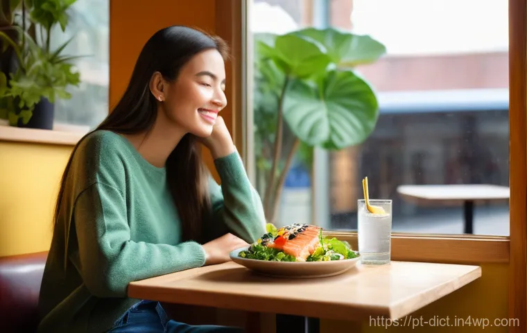 우울증 환자를 위한 외식 시 주의사항 - **Prompt 1: Serene Cafe Dining and Mindful Eating**
"A young adult, perhaps in their early twent...