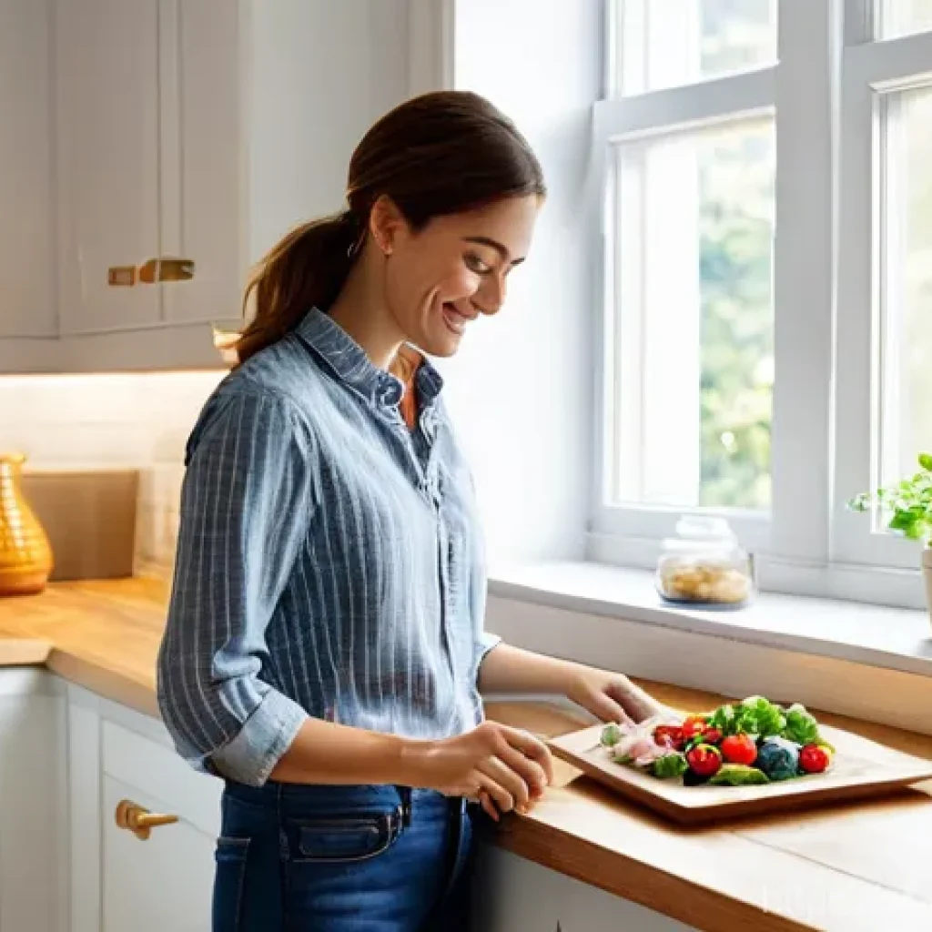 우울증 완화에 도움을 주는 저지방 단백질 - **Prompt:** A serene and brightly lit kitchen scene featuring a woman in her late 20s to early 30s, ...