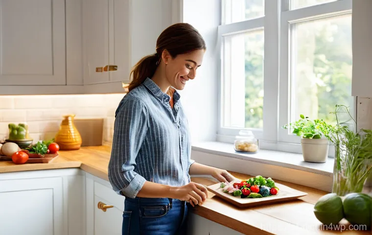 우울증 완화에 도움을 주는 저지방 단백질 - **Prompt:** A serene and brightly lit kitchen scene featuring a woman in her late 20s to early 30s, ...