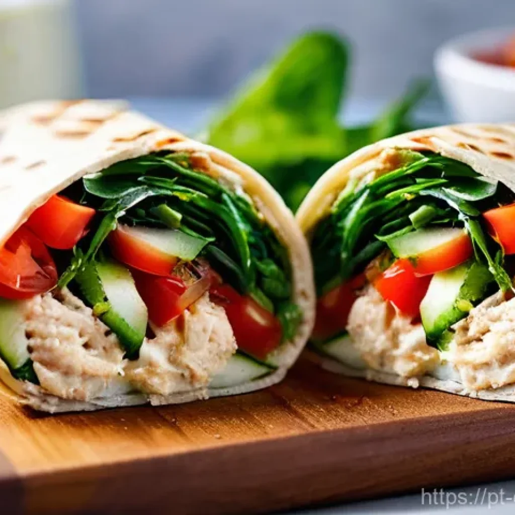 우울증 예방을 위한 건강한 패스트푸드 선택 - **Prompt:** A vibrant and fresh **whole-wheat grilled chicken wrap**, cut in half to showcase its co...