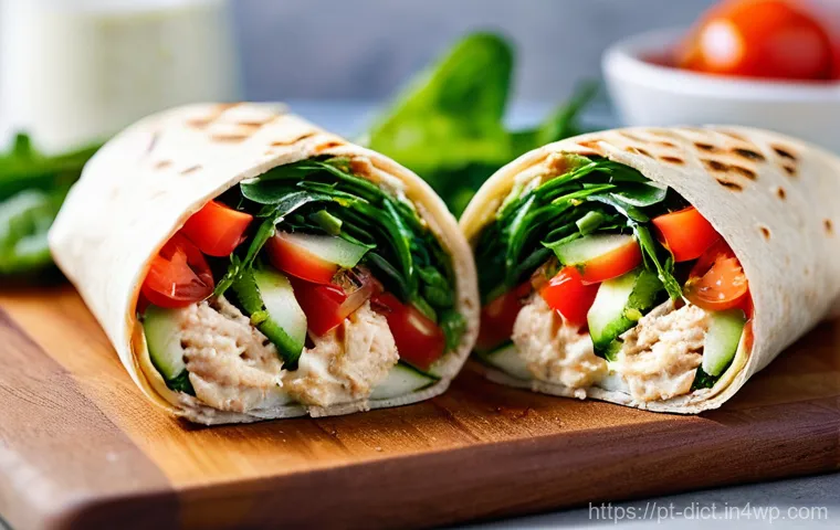 우울증 예방을 위한 건강한 패스트푸드 선택 - **Prompt:** A vibrant and fresh **whole-wheat grilled chicken wrap**, cut in half to showcase its co...