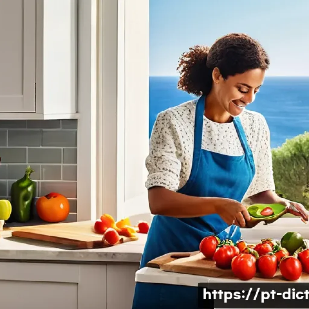 우울증과 음식의 관계에 대한 최신 연구 - **A vibrant Mediterranean Kitchen Scene:** A brightly lit kitchen with sunlight streaming through a ...
