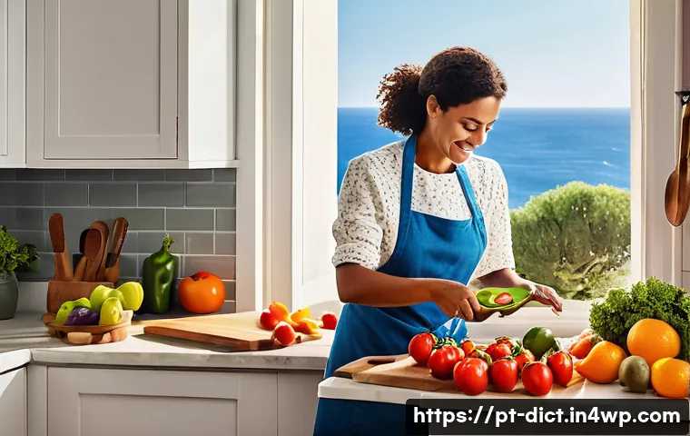 우울증과 음식의 관계에 대한 최신 연구 - **A vibrant Mediterranean Kitchen Scene:** A brightly lit kitchen with sunlight streaming through a ...