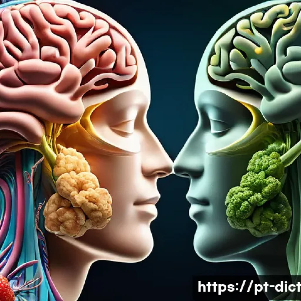 우울증 예방을 위한 건강한 식습관 - **Prompt:** "A vibrant, uplifting, and artistic representation of the intricate gut-brain axis. In t...