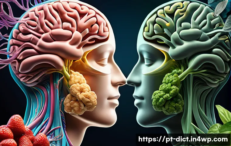 우울증 예방을 위한 건강한 식습관 - **Prompt:** "A vibrant, uplifting, and artistic representation of the intricate gut-brain axis. In t...