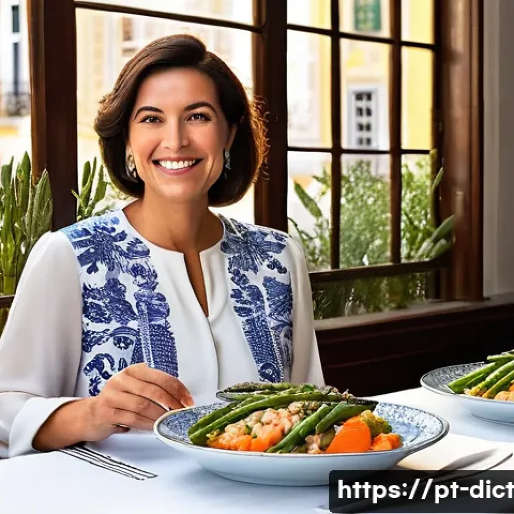 우울증 환자를 위한 안전한 외식 메뉴 - **Prompt 1: Mindful Portuguese Dining Experience**
"A serene portrait of an adult woman, elegant...