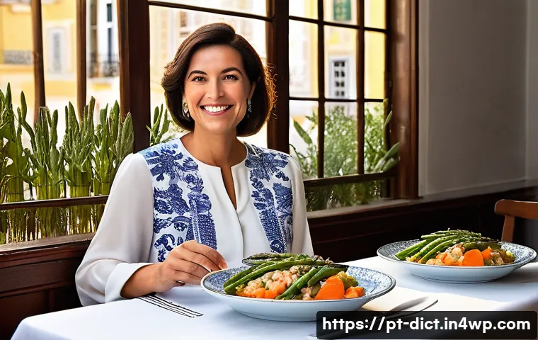 우울증 환자를 위한 안전한 외식 메뉴 - **Prompt 1: Mindful Portuguese Dining Experience**
"A serene portrait of an adult woman, elegant...
