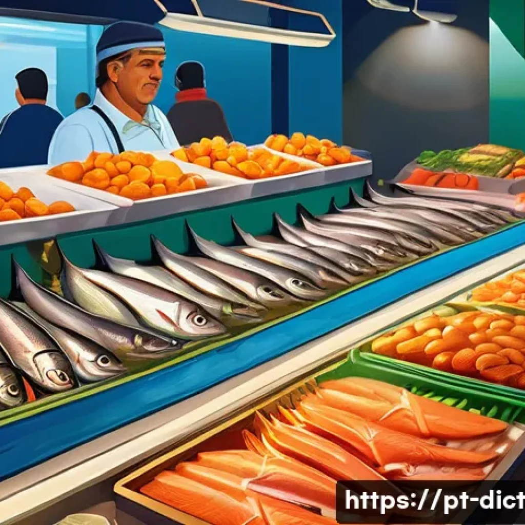 우울증 환자에게 추천하는 해산물 - A vibrant, detailed illustration of a traditional Portuguese seafood market at dawn, showcasing fres...
