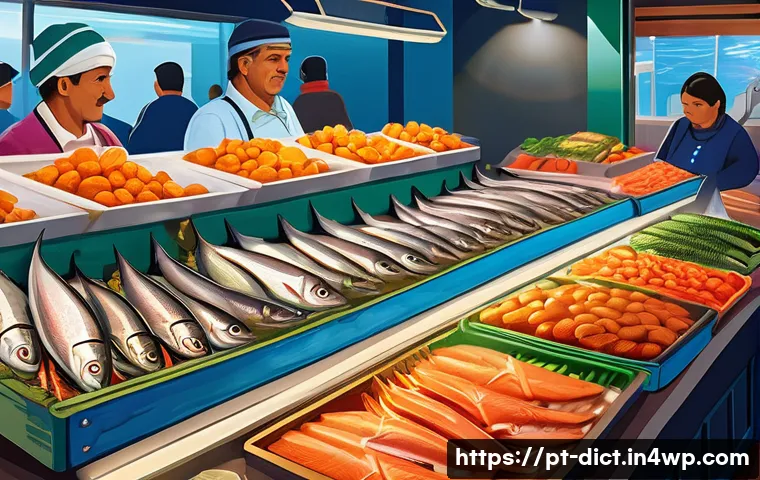 우울증 환자에게 추천하는 해산물 - A vibrant, detailed illustration of a traditional Portuguese seafood market at dawn, showcasing fres...
