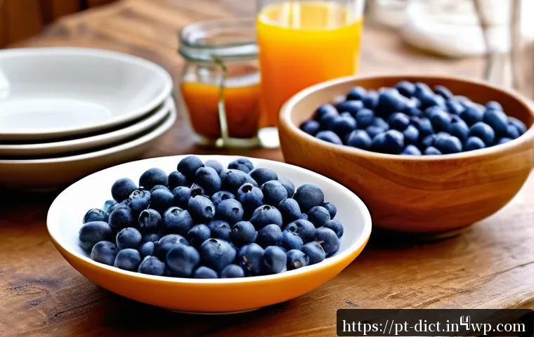 우울증 전문의가 추천하는 음식 리스트 - A vibrant, detailed breakfast scene featuring a rustic wooden table with a bowl of fresh blueberries...