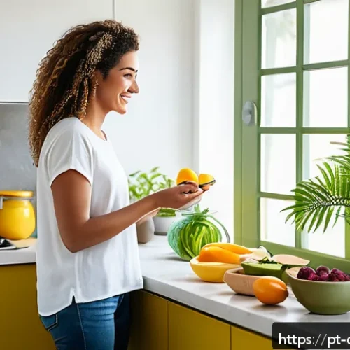 Home 33 우울증 환자를 위한 다이어트 조언 - A cozy, bright kitchen scene in a modern Brazilian home, featuring a young adult woman preparing a h...