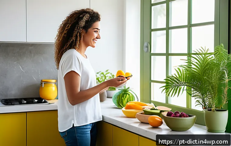 우울증 환자를 위한 다이어트 조언 - A cozy, bright kitchen scene in a modern Brazilian home, featuring a young adult woman preparing a h...