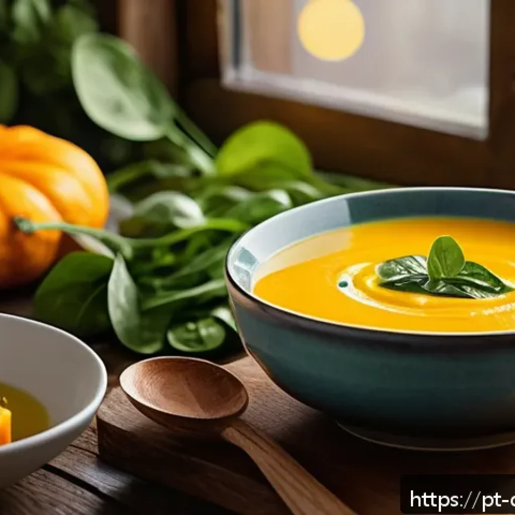 우울증 완화에 효과적인 스프와 스튜 레시피 - A cozy kitchen scene featuring a steaming bowl of creamy pumpkin soup with turmeric and fresh ginger...