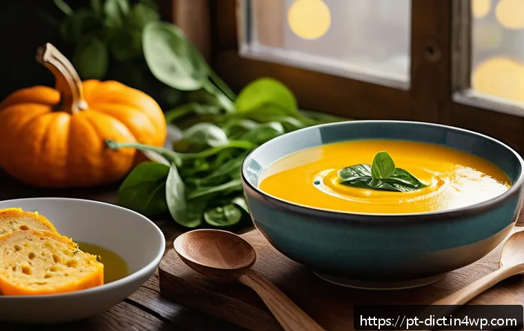 우울증 완화에 효과적인 스프와 스튜 레시피 - A cozy kitchen scene featuring a steaming bowl of creamy pumpkin soup with turmeric and fresh ginger...