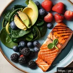 Home 19 우울증 치료를 위한 식습관 변화 - A vibrant and colorful healthy meal plate featuring grilled salmon seasoned with fresh herbs, a side...