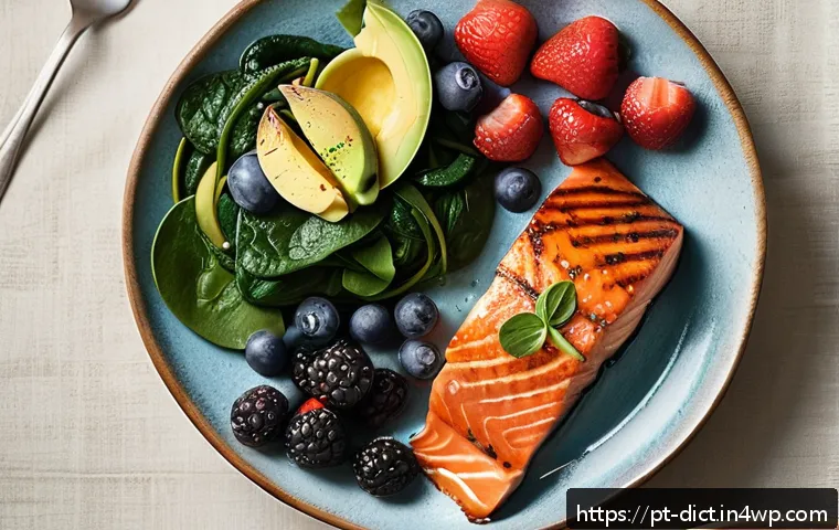 우울증 치료를 위한 식습관 변화 - A vibrant and colorful healthy meal plate featuring grilled salmon seasoned with fresh herbs, a side...