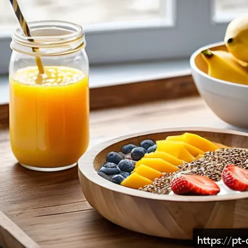Home 30 우울증 환자를 위한 빠른 조리법 - A vibrant breakfast scene featuring a colorful smoothie bowl on a rustic wooden table, filled with b...