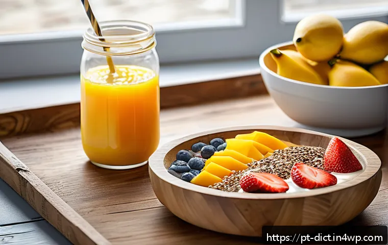 우울증 환자를 위한 빠른 조리법 - A vibrant breakfast scene featuring a colorful smoothie bowl on a rustic wooden table, filled with b...