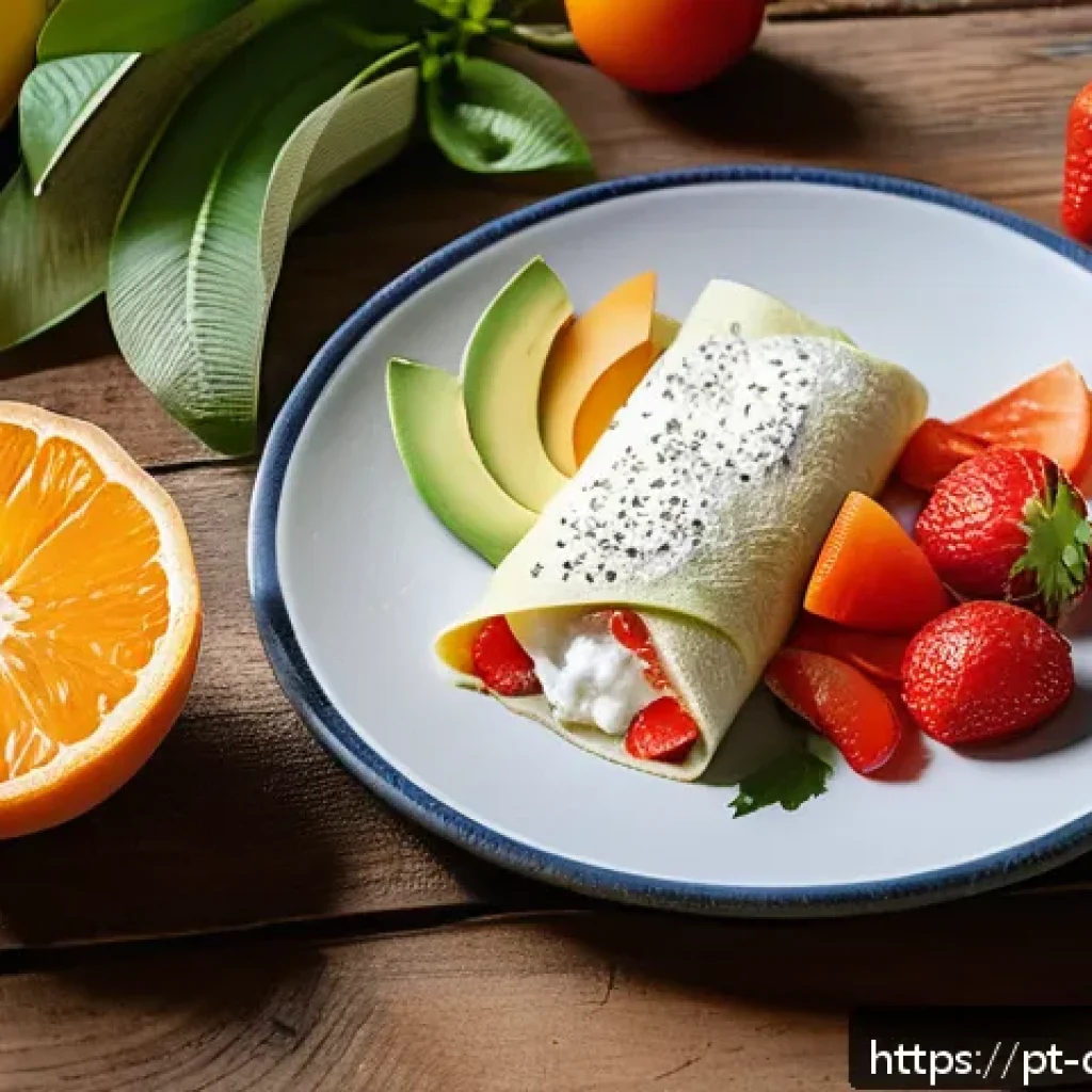 우울증에 도움이 되는 건강한 레시피 - A vibrant breakfast scene featuring a colorful tapioca crepe filled with white cheese and fresh toma...