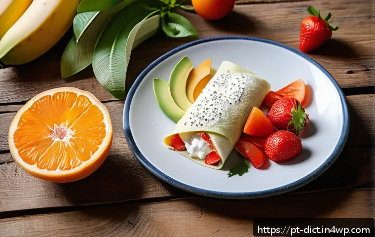 우울증에 도움이 되는 건강한 레시피 - A vibrant breakfast scene featuring a colorful tapioca crepe filled with white cheese and fresh toma...