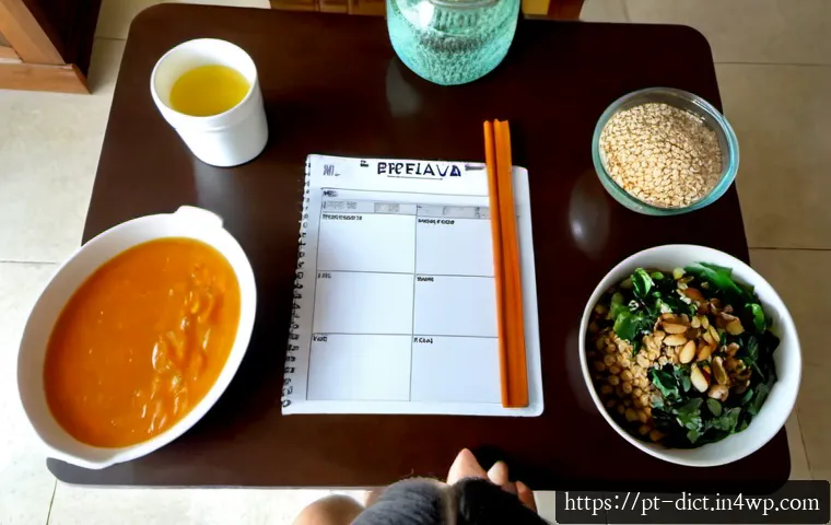 Home 17 우울증 예방을 위한 식사 계획 세우기 - Photorealistic overhead view of a Brazilian adult thoughtfully planning a balanced weekly meal routi...
