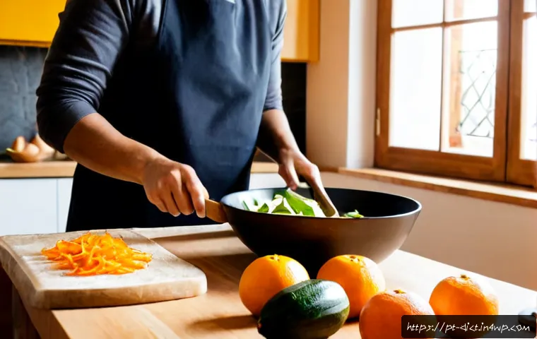 Home 17 우울증을 위한 간단한 요리 팁 - Photorealistic bright home kitchen in Portugal, a calm adult preparing a simple nourishing meal of v...