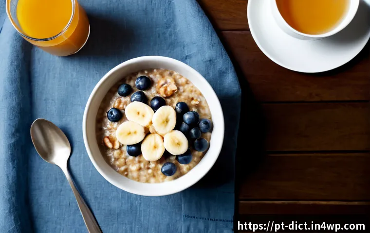 Home 17 우울증에 좋은 아침식사 레시피 - Photorealistic overhead breakfast scene for emotional wellness: a warm bowl of oatmeal topped with s...